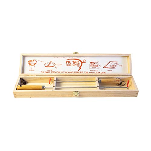 Jaccard Original Combo Pack with Wooden Gift Box, 12"/19", PigTail Food Flipper, Stainless Steel - Image 1