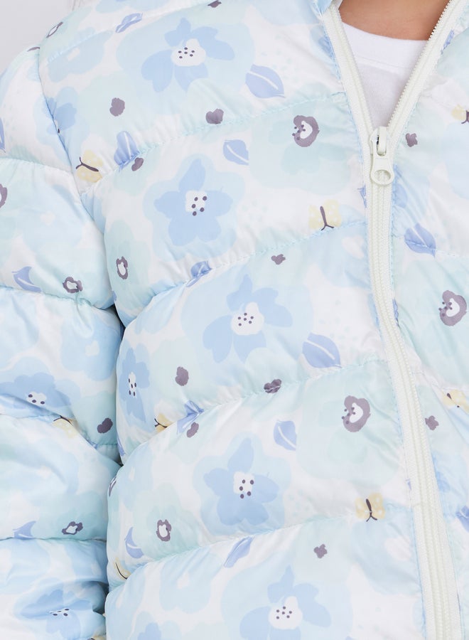 ستايلي جاكيت بفرو داخلي بطبعة زهور وسحاب أمامي - Image 4