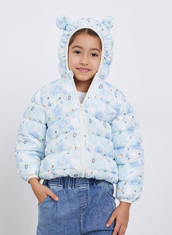 ستايلي جاكيت بفرو داخلي بطبعة زهور وسحاب أمامي - Image 3