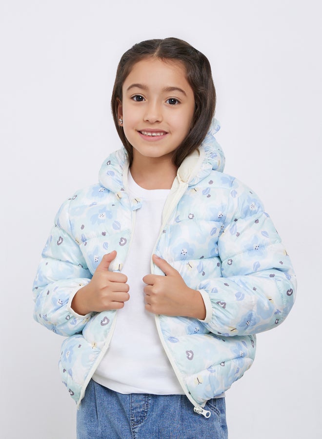 ستايلي جاكيت بفرو داخلي بطبعة زهور وسحاب أمامي - Image 1