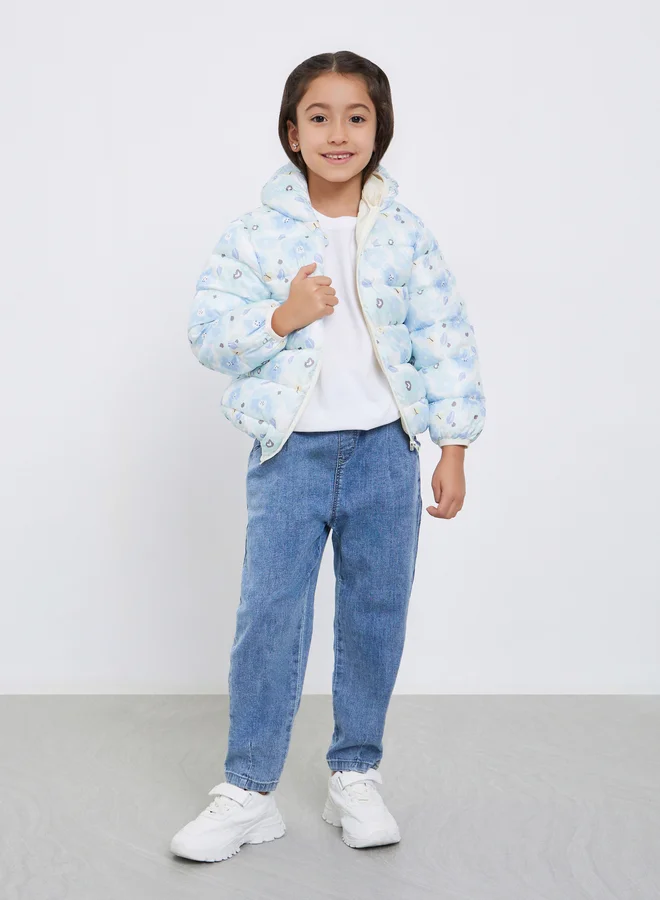 Styli Styli Girls Blue All Over Print Puffer Jacket