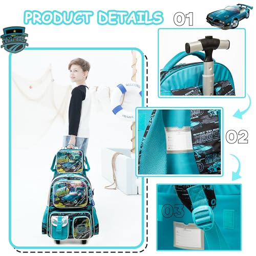 Meetbelify Kids Rolling Backpack with Wheels for Boys Rolling Backpacks with Lunch Box for Elementary School Students 3 in 1 Travel Luggage Suitcase for Boys Age 8-10 - Image 4