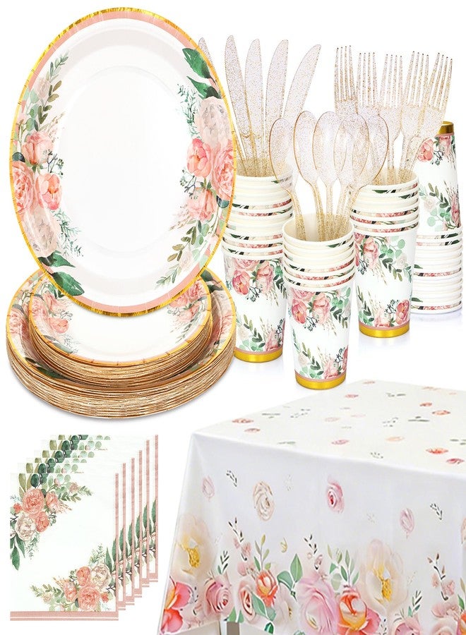 Boosolo Floral Party Supplies - Bridal Shower Paper Plates & Napkins Tablecloth Set for 16 Guests - Disposable Dinnerware: Plates, Cups, Cutlery for Baby Shower, Tea Party - Image 1