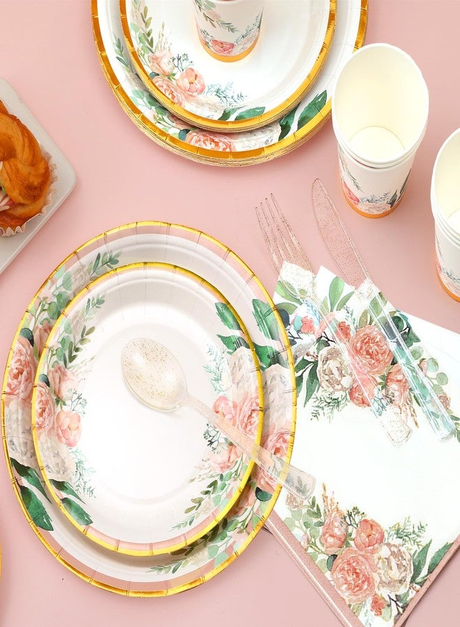 Boosolo Floral Party Supplies - Bridal Shower Paper Plates & Napkins Tablecloth Set for 16 Guests - Disposable Dinnerware: Plates, Cups, Cutlery for Baby Shower, Tea Party - Image 4