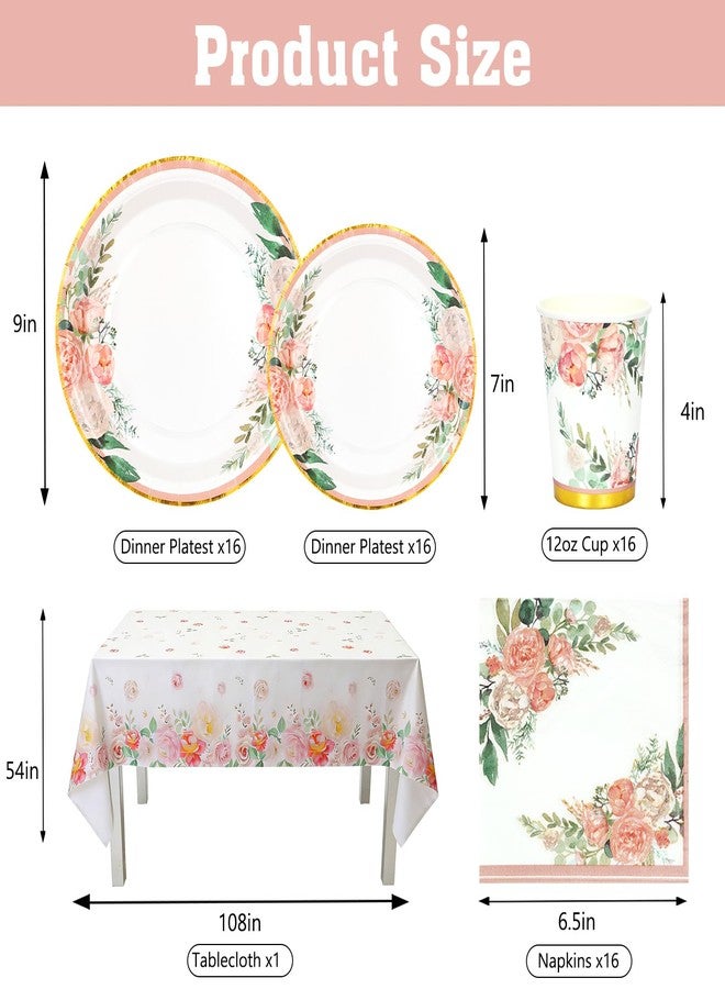 Boosolo Floral Party Supplies - Bridal Shower Paper Plates & Napkins Tablecloth Set for 16 Guests - Disposable Dinnerware: Plates, Cups, Cutlery for Baby Shower, Tea Party - Image 2