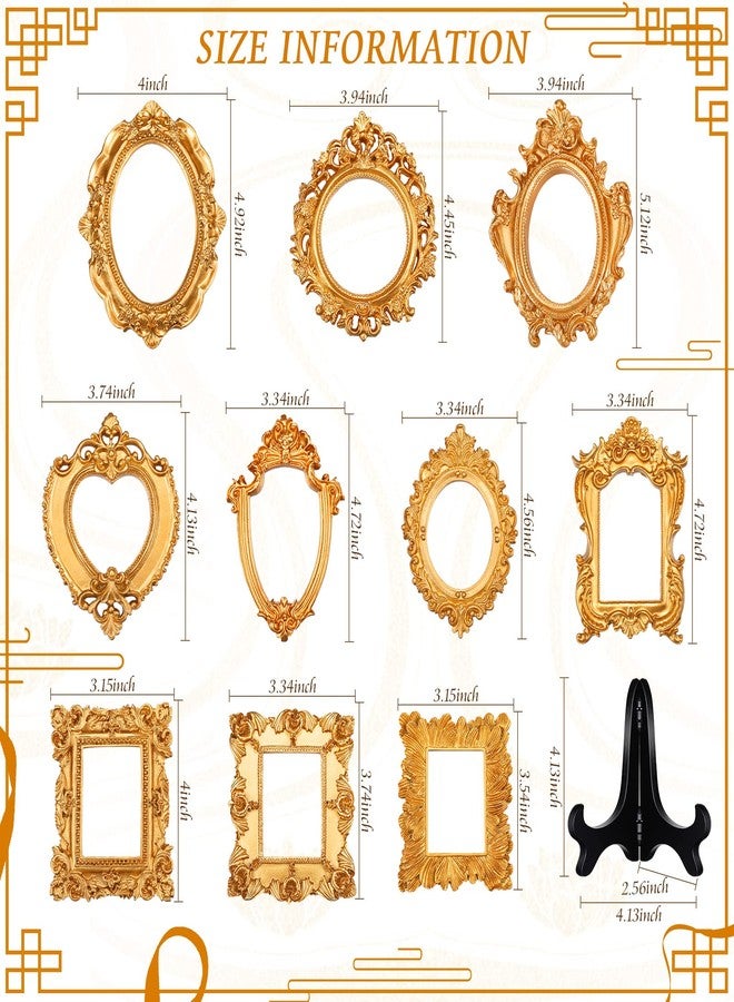 Remerry 10 Pcs Vintage Picture Frame Antique Mini Frame Small Photo Display Miniature Tiny Resin Jewelry Display 4 Inch Black Plastic Stand for Home Wedding (Gold) - Image 3