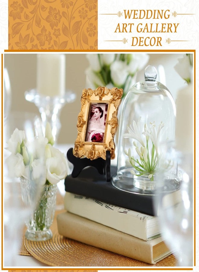 Remerry 10 Pcs Vintage Picture Frame Antique Mini Frame Small Photo Display Miniature Tiny Resin Jewelry Display 4 Inch Black Plastic Stand for Home Wedding (Gold) - Image 4