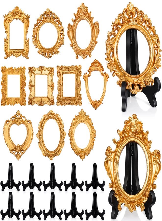 Remerry 10 Pcs Vintage Picture Frame Antique Mini Frame Small Photo Display Miniature Tiny Resin Jewelry Display 4 Inch Black Plastic Stand for Home Wedding (Gold) - Image 1