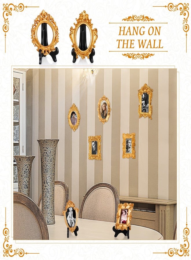 Remerry 10 Pcs Vintage Picture Frame Antique Mini Frame Small Photo Display Miniature Tiny Resin Jewelry Display 4 Inch Black Plastic Stand for Home Wedding (Gold) - Image 2
