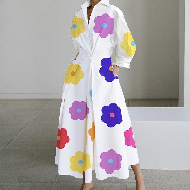 Fashion Long Sleeve V-Neck Printed Dress Colored flowers on white background
