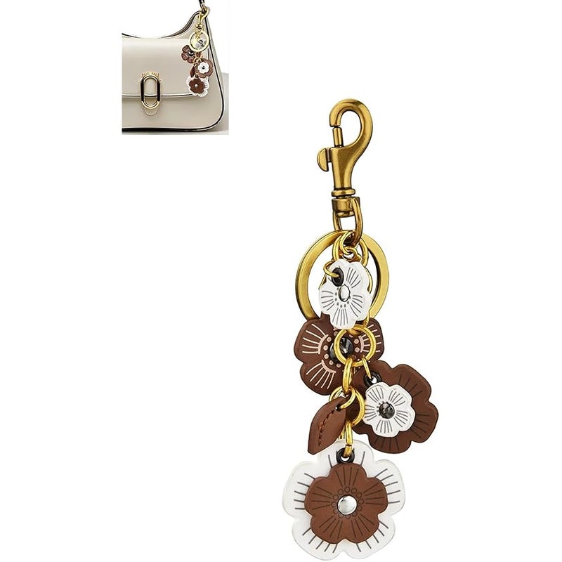 Yzikema Genuine Leather Flower Pendant Decorative Keyring Cute Leather Flower Keychains Boho Accessories Key Ring for Women Wallet Bag Purse Pendant Charms, Flower Color, 5.51 inches - Image 1