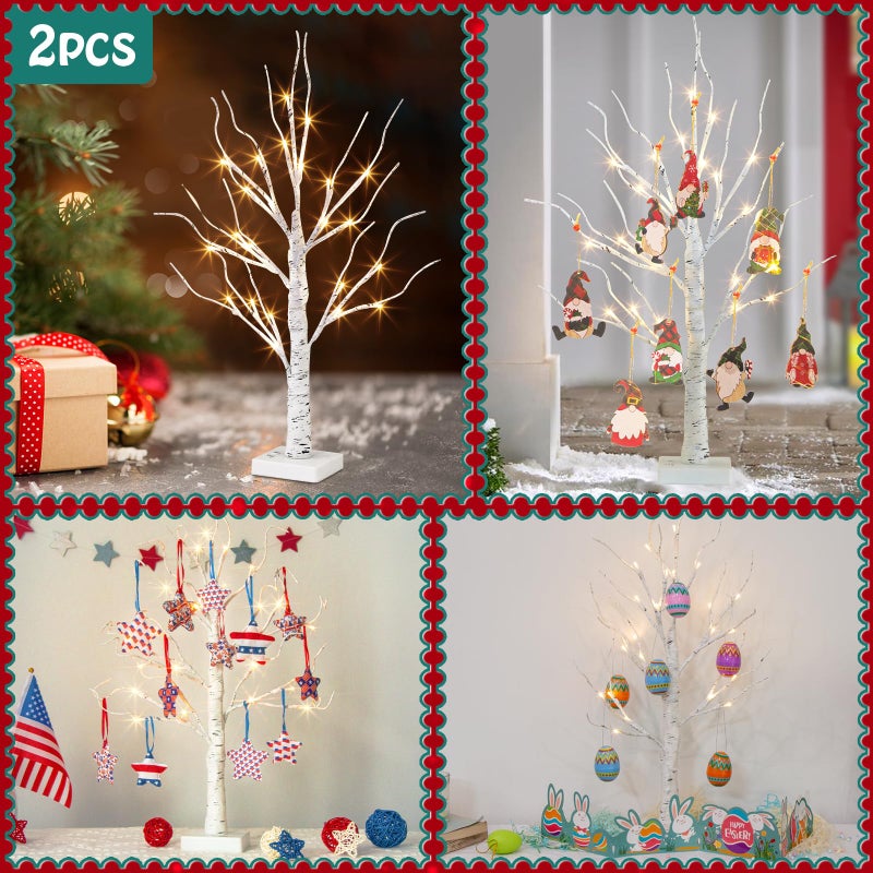 Vanthylit White Birch Tree with LED Lights - Set of 2, Tabletop Tree with Timer, Christmas Decorations Lighted Tree for Indoor Mantel Home Decor (2 FT, 24 LED) - Image 5