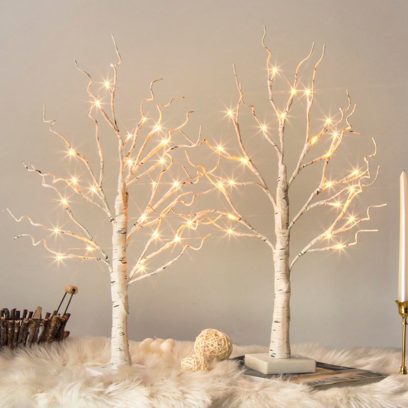Vanthylit White Birch Tree with LED Lights - Set of 2, Tabletop Tree with Timer, Christmas Decorations Lighted Tree for Indoor Mantel Home Decor (2 FT, 24 LED) - Image 1