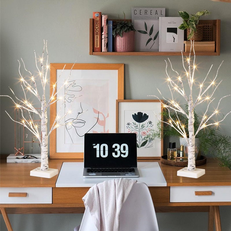 Vanthylit White Birch Tree with LED Lights - Set of 2, Tabletop Tree with Timer, Christmas Decorations Lighted Tree for Indoor Mantel Home Decor (2 FT, 24 LED) - Image 2