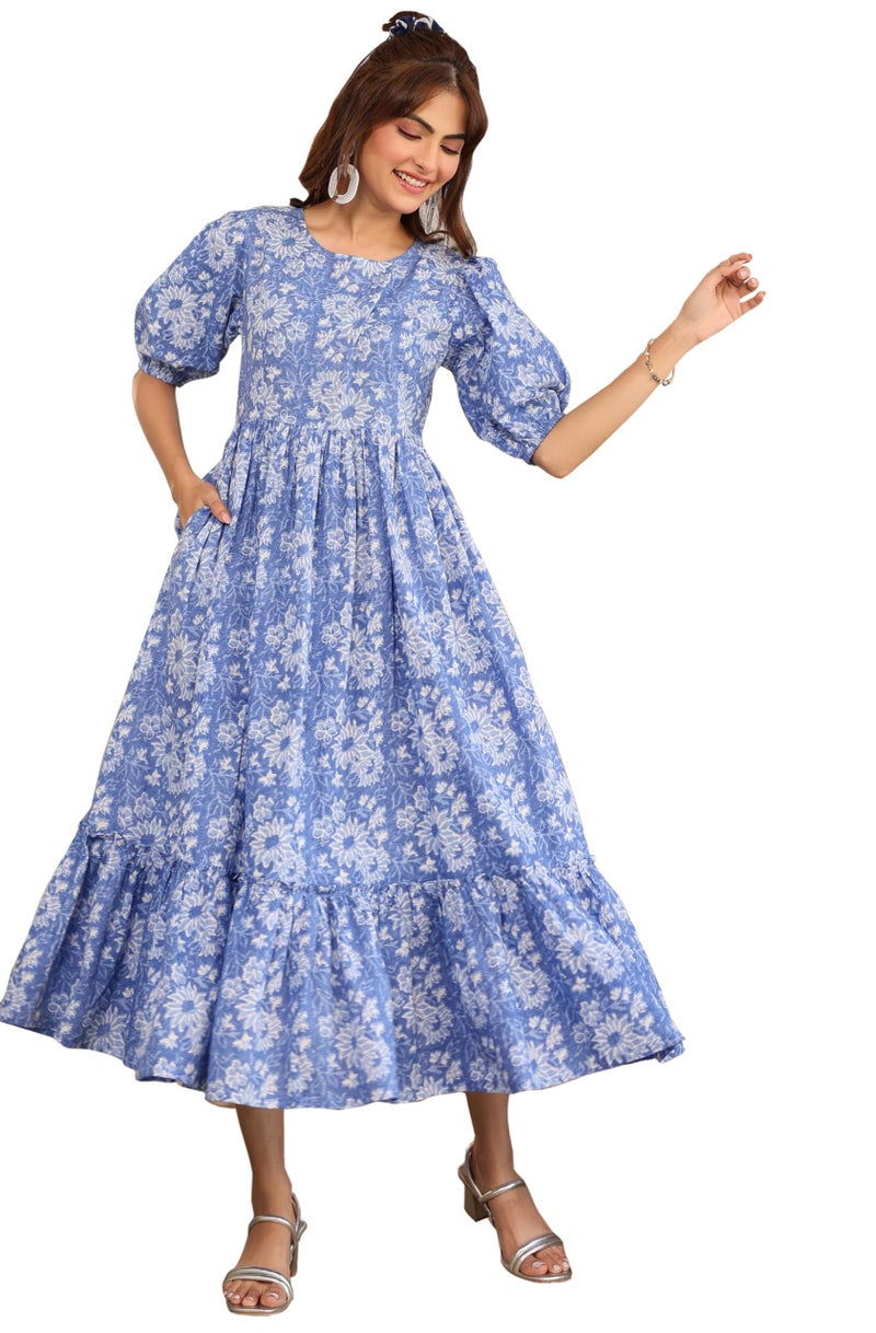 Janasya Women's Blue Pure Cotton Floral Printed Tiered Dress (JAA25DR01120-L) - Image 1