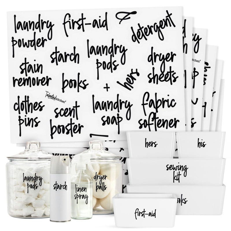 Talented Kitchen Laundry Labels for Jars & Containers - 141 Count, White Vinyl, Modern Script - Laundry Room Organization & Kitchen Organization with Food Container Labels and Water-Resistant Adhesive - Image 1