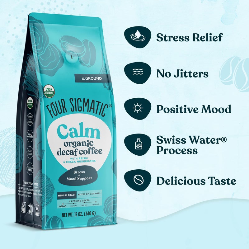 Four Sigmatic Calm Organic Decaf Ground Coffee | Swiss Water Decaf Coffee with Chaga & Reishi Mushroom Extracts | 12oz Bag - Image 2