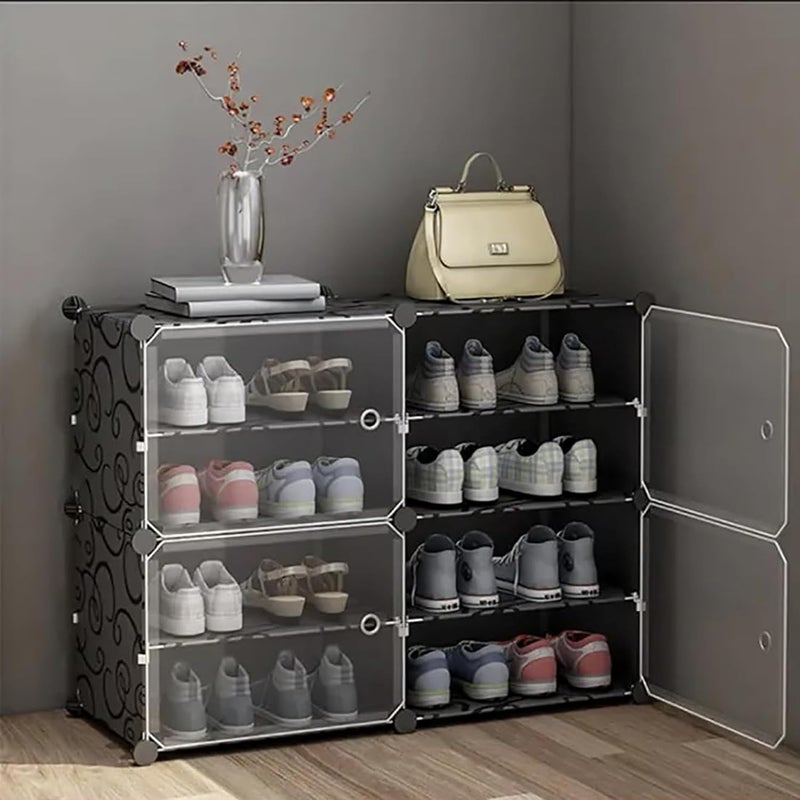 Zemic DIY Shoe Rack Plastic Shoe Rack for Home PP Plastic Shelves Household Shoe Rack with Door Outdoor for HeelsShoes for EntrywayHallwayBedroom Living Room Black 8Shelf4Door