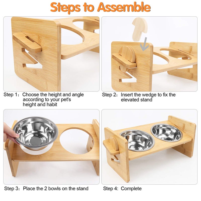 SSAWcasa Raised Dog Bowl, Elevated Dog Bowls, Tilted Pet Food Water Bowl, Slanted Bamboo Feeding Station with Stainless Steel Bowls for Small & Medium Dogs, Cat Kitten Flat Faced French Bulldog Puppy Feeder - Image 5