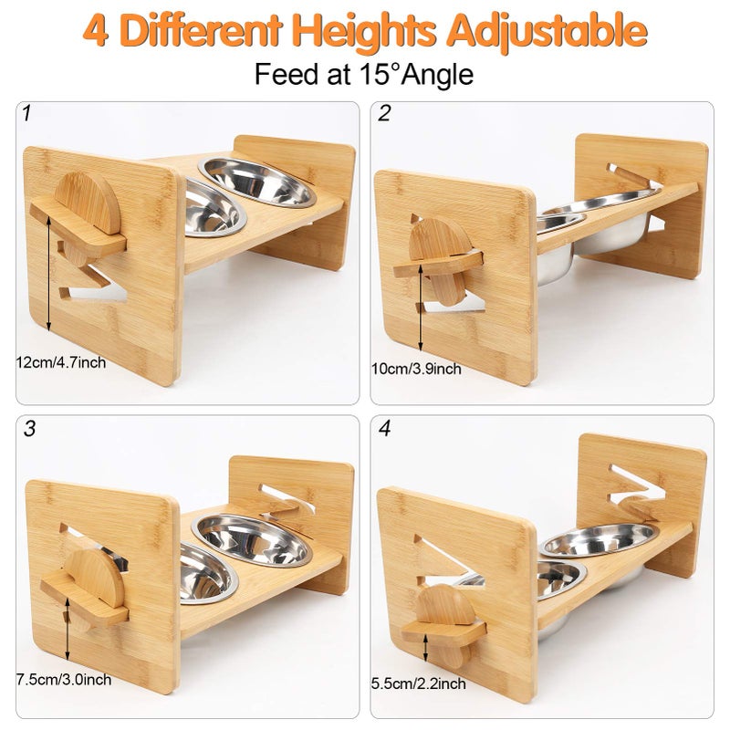 SSAWcasa Raised Dog Bowl, Elevated Dog Bowls, Tilted Pet Food Water Bowl, Slanted Bamboo Feeding Station with Stainless Steel Bowls for Small & Medium Dogs, Cat Kitten Flat Faced French Bulldog Puppy Feeder - Image 3