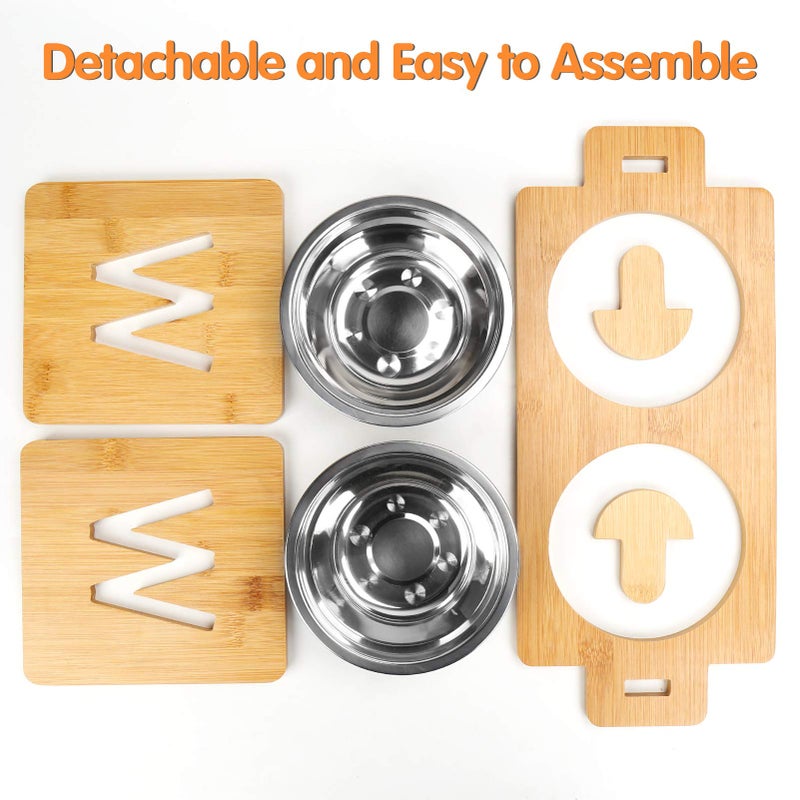 SSAWcasa Raised Dog Bowl, Elevated Dog Bowls, Tilted Pet Food Water Bowl, Slanted Bamboo Feeding Station with Stainless Steel Bowls for Small & Medium Dogs, Cat Kitten Flat Faced French Bulldog Puppy Feeder - Image 4