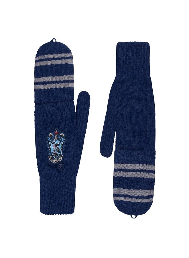 هاري بوتر قفازات هاري بوتر رافينكلو المحبوكة بدون أصابع مع غطاء قابل للتحويل - مخططة باللونين الأزرق والرمادي مع شعار المنزل - إكسسوار شتوي دافئ لمحبي هاري بوتر وهواة جمع التذكارات - للبالغين والمراهقين - Image 1