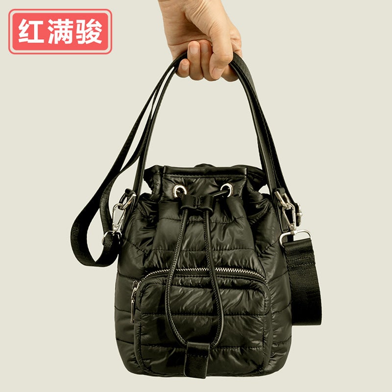 Retro Down Cotton Bucket Women'S Bag Niche Nylon Rhombus Drawstring Shoulder Bag Pleated Handbag - Image 2