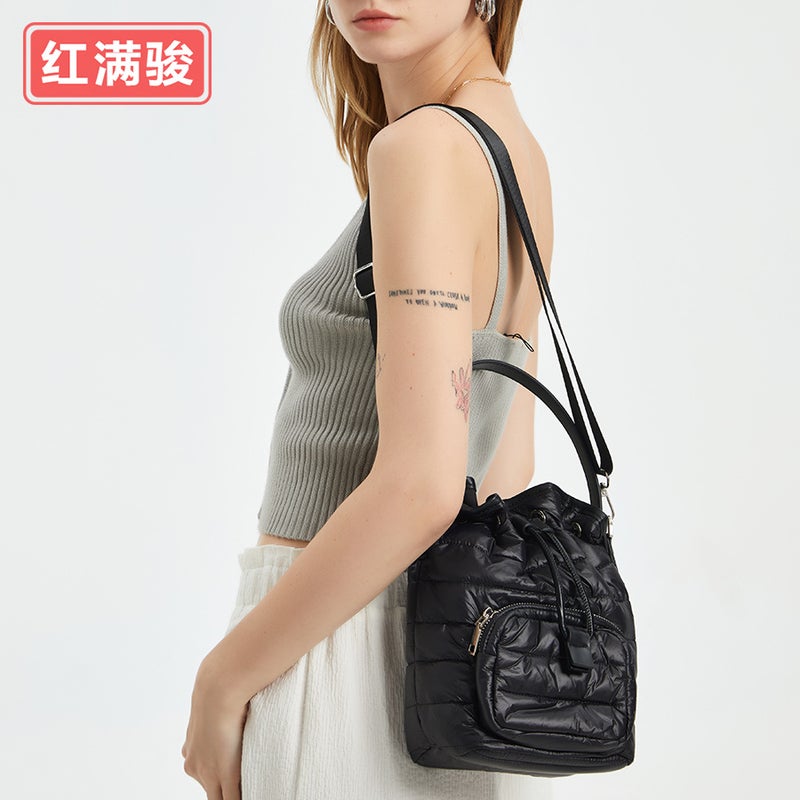 Retro Down Cotton Bucket Women'S Bag Niche Nylon Rhombus Drawstring Shoulder Bag Pleated Handbag - Image 3