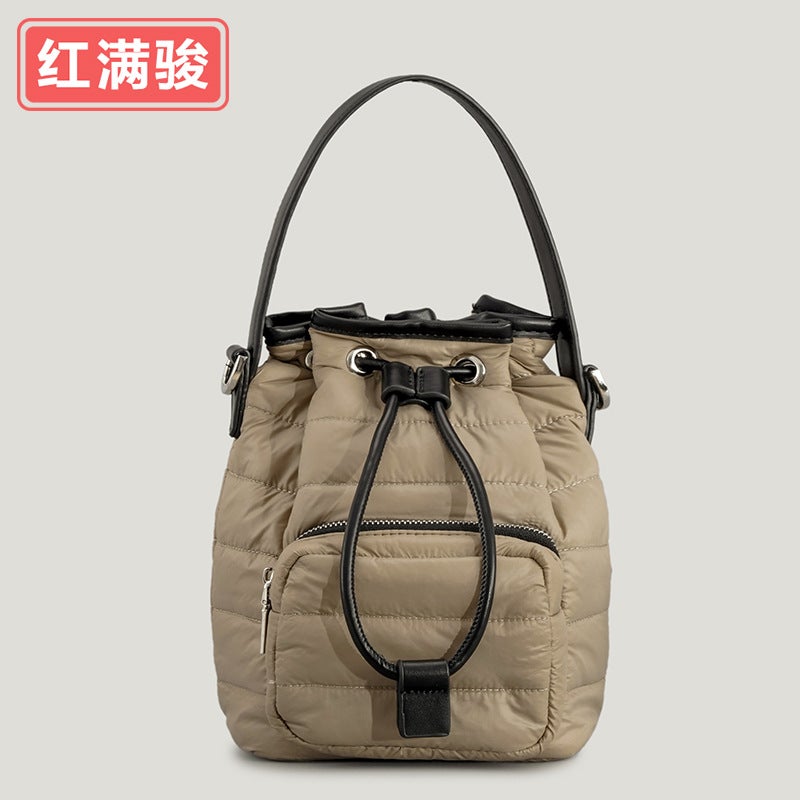 Retro Down Cotton Bucket Women'S Bag Niche Nylon Rhombus Drawstring Shoulder Bag Pleated Handbag - Image 1