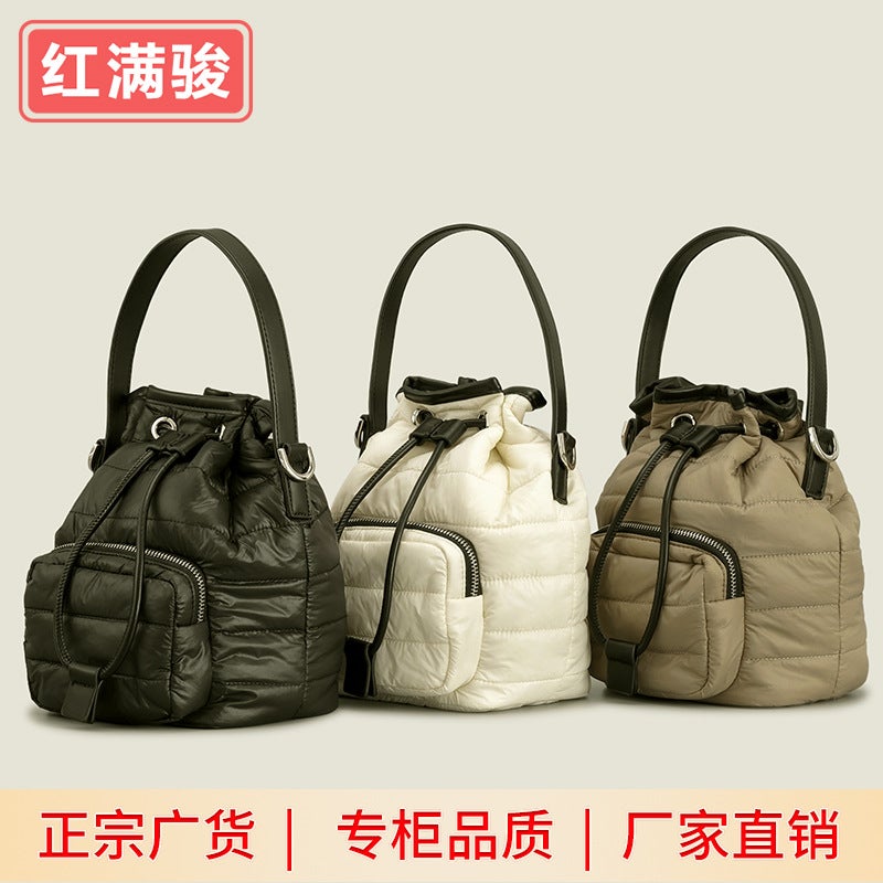 Retro Down Cotton Bucket Women'S Bag Niche Nylon Rhombus Drawstring Shoulder Bag Pleated Handbag - Image 4