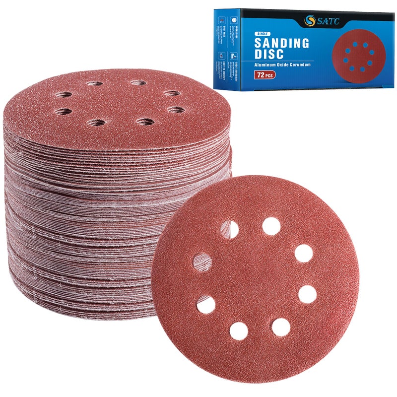 S SATC 72 PCS 5 Inch 8 Hole Hook and Loop Adhesive Sanding Discs Sandpaper for Random Orbital Sander 40 60 80 120 180 240 320 Grits - Image 1