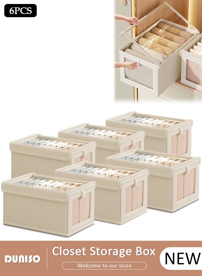 DUNISO 6 Pieces Foldable Closet Storage Organizer with Clear Lid and Window, Washable Closet Storage Boxes with Carrying Handles , Stackable Wardrobe Clothes Organizer,Cube Storage Bin for Clothes Wardrobe Home Bedroom Office - Image 1