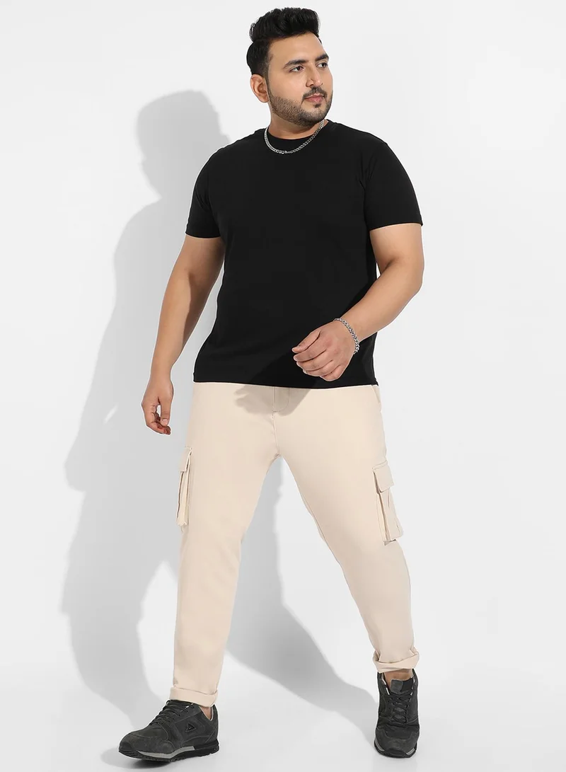 Instafab Plus Instafab Plus Men's Beige Cargo Trousers For Casual Wear | 6 Pockets | Plus-Size Fit | Button Closure | Cotton Poly Cargo Pant Crafted With Comfort Fit For Everyday Wear