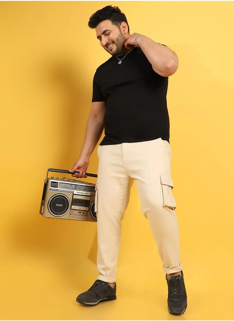 Instafab Plus Instafab Plus Men's Beige Cargo Trousers For Casual Wear | 6 Pockets | Plus-Size Fit | Button Closure | Cotton Poly Cargo Pant Crafted With Comfort Fit For Everyday Wear