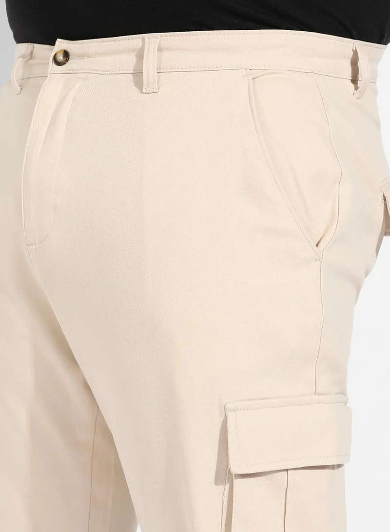 Instafab Plus Instafab Plus Men's Beige Cargo Trousers For Casual Wear | 6 Pockets | Plus-Size Fit | Button Closure | Cotton Poly Cargo Pant Crafted With Comfort Fit For Everyday Wear