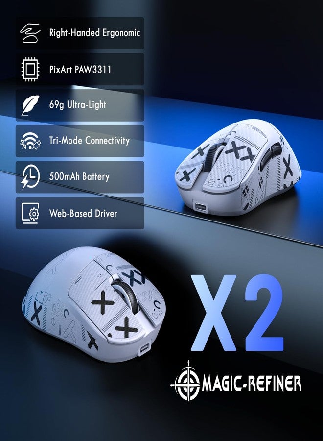 ماجيك-ريفاينر ماوس الألعاب اللاسلكي فائق الخفة MAGIC-REFINER X2، موديل BK3633، ثلاثي الأوضاع (بلوتوث/2.4 جيجا هرتز/سلكي) مع شريط لاصق مانع للانزلاق، دقة 25000 نقطة في البوصة، معدل استجابة 1000 هرتز، بطارية 500 مللي أمبير، حجم كبير، 5 أزرار قابلة للبرمجة لأجهزة الكمبيوتر الشخصية/ماك، لون أبيض احترافي - Image 2