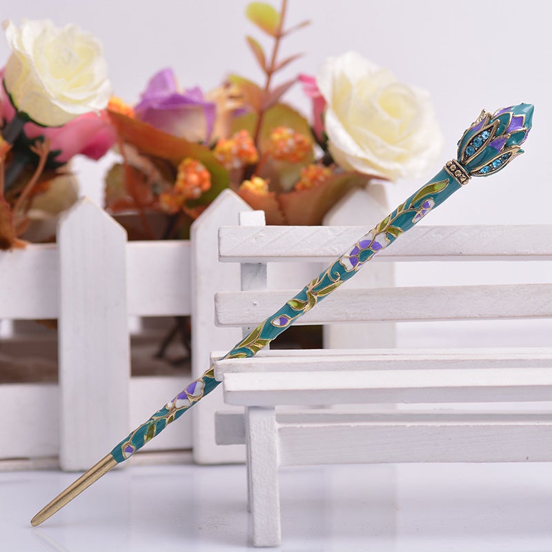 Generic Factory wholesale Korean version of cloisonne Lotus Hanfu hairpin scenic spot hairpin alloy jewelry womens headdress plate hair wholesale Peacock Blue 