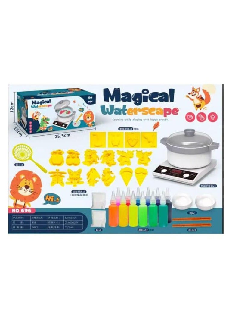 New Magic Water Toys 3D Plastic Glass with Molds Educational Toy for Kids DIY Water Toys 6 Colors Bottle + 12 Shapes Each Shape 6pcs + 2 Spoons + Drink + 2 Plates + 2 Bags + Sound Heater + Pan 