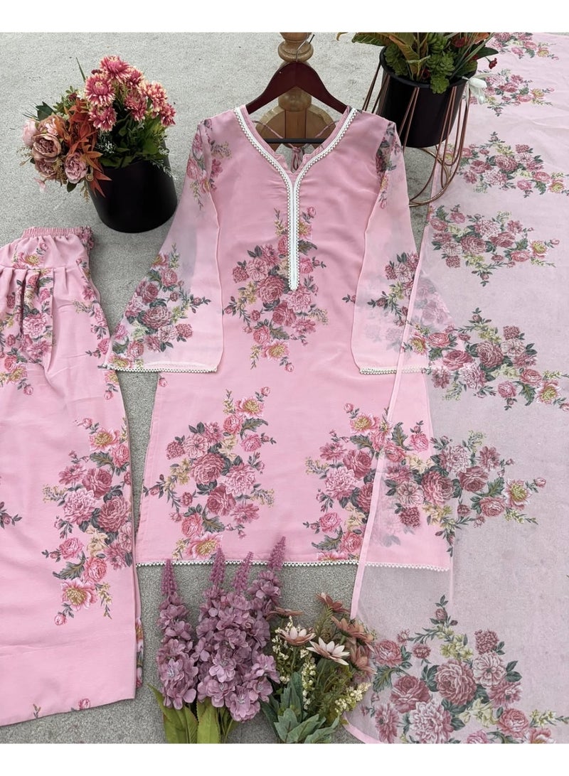 طقم بدلة السلوار من الجورجيت الصناعي للنساء. - Image 3