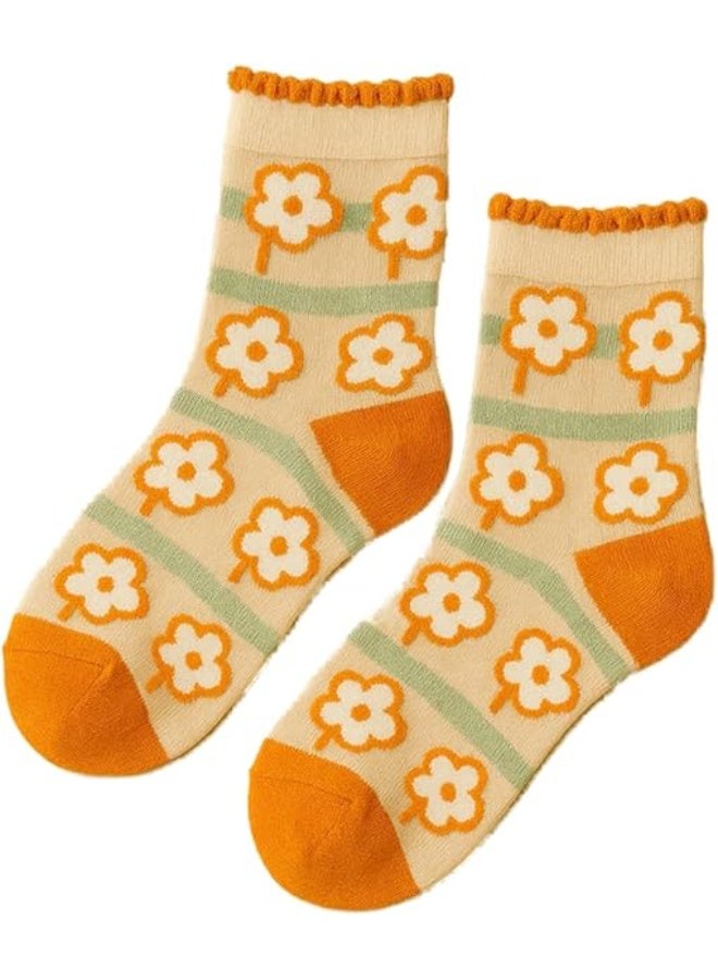 Cotton Ankle Socks with Flower Pattern – Beige & Orange - Image 1