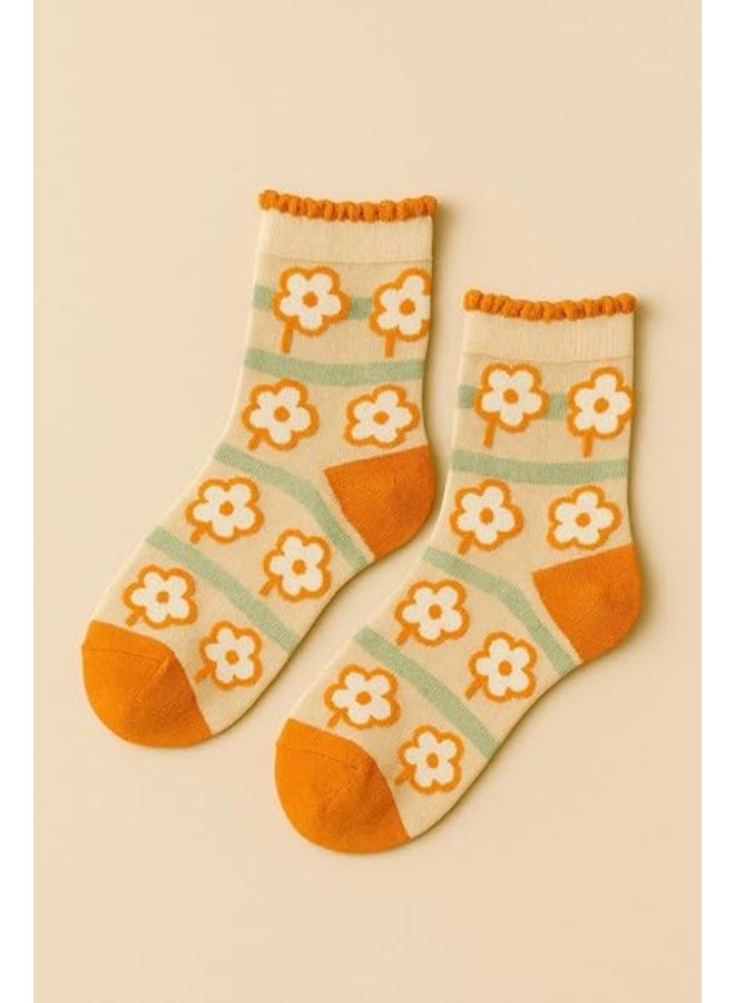 Cotton Ankle Socks with Flower Pattern – Beige & Orange - Image 3