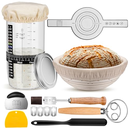 MINO ANT Sourdough Starter Kit 9 Round Banneton Proofing Basket 36oz Sourdough Starter Jar Bread Lame Dough Scraper Dough Whisk Silicone Bread Sling - Image 1