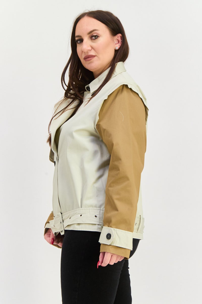 Unique21 Women Colorblock Trench Coat, Tan - Image 4