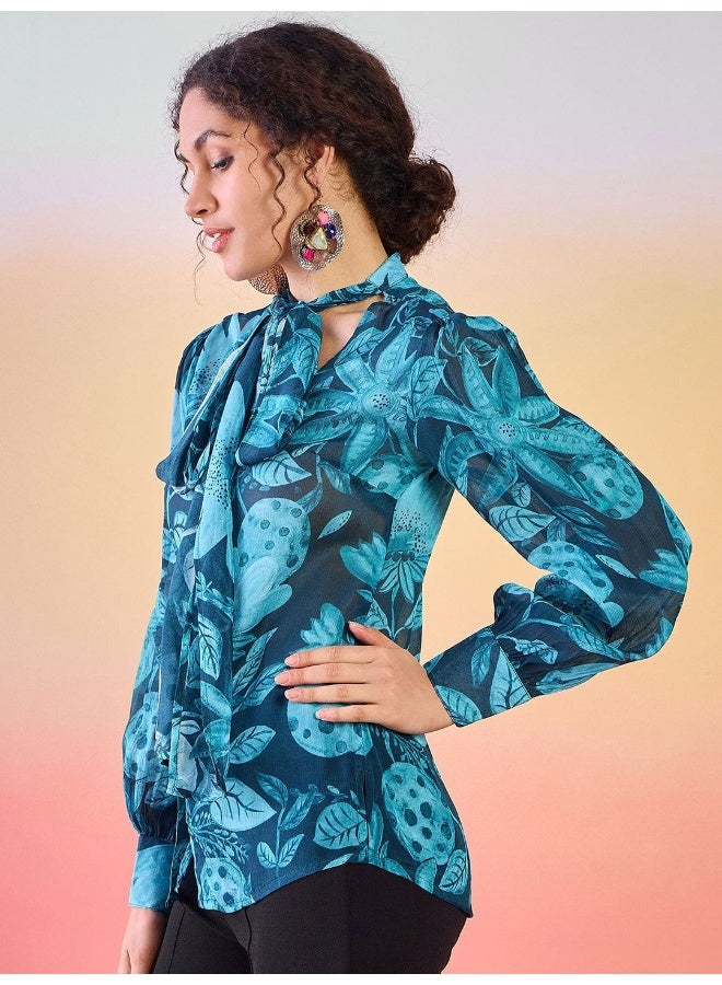 AKS Floral Printed Tie-Up Neck Cuffed Sleeves Shirt Style Top  - Image 3
