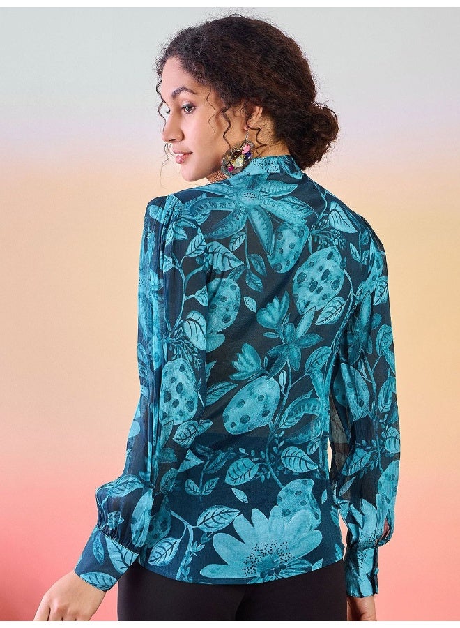 AKS Floral Printed Tie-Up Neck Cuffed Sleeves Shirt Style Top  - Image 5