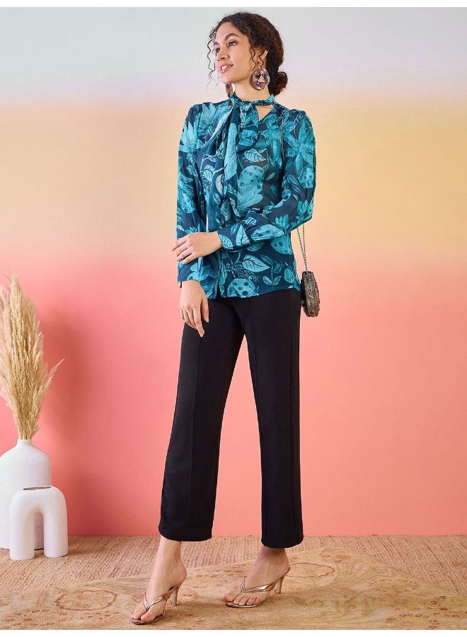 AKS Floral Printed Tie-Up Neck Cuffed Sleeves Shirt Style Top  - Image 4