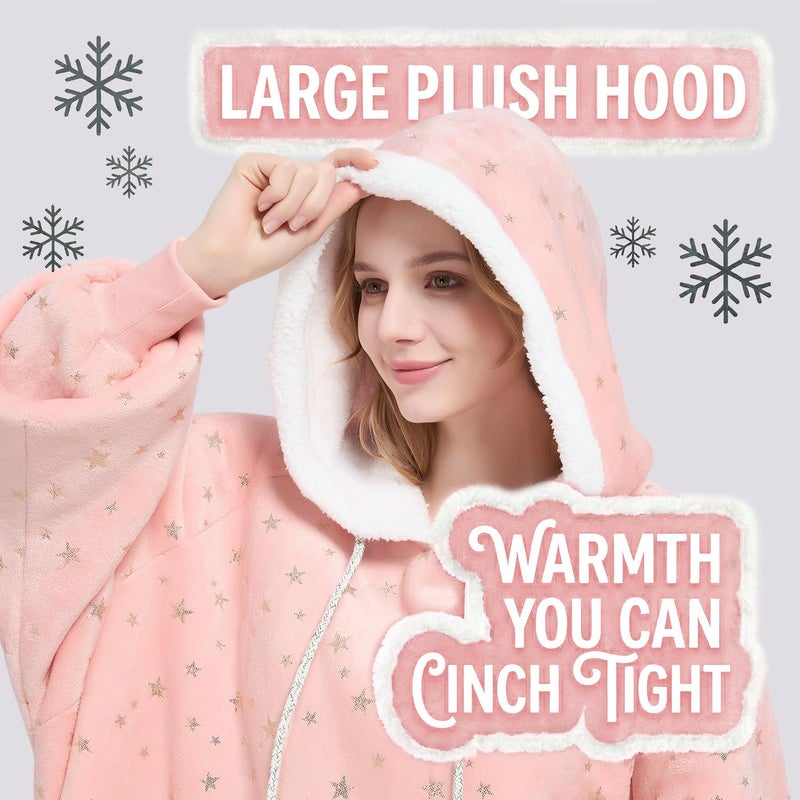 Qeils Wearable Blanket Hoodie for Women, Comfy Sherpa Sweatshirt Blanket as Birthday Christmas Gifts, Oversized Pullover Jacket Blanket Hoodie for Adult (Pink Foil Star, Adult) - Image 3