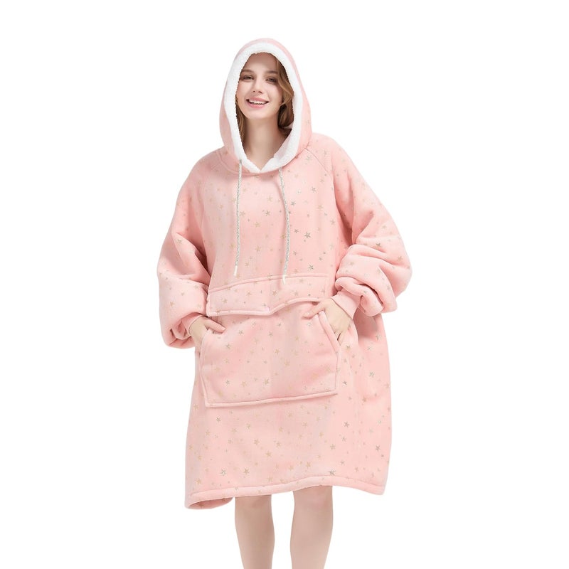 Qeils Wearable Blanket Hoodie for Women, Comfy Sherpa Sweatshirt Blanket as Birthday Christmas Gifts, Oversized Pullover Jacket Blanket Hoodie for Adult (Pink Foil Star, Adult) - Image 1