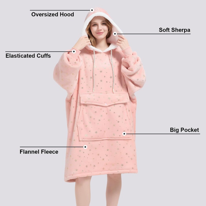 Qeils Wearable Blanket Hoodie for Women, Comfy Sherpa Sweatshirt Blanket as Birthday Christmas Gifts, Oversized Pullover Jacket Blanket Hoodie for Adult (Pink Foil Star, Adult) - Image 4