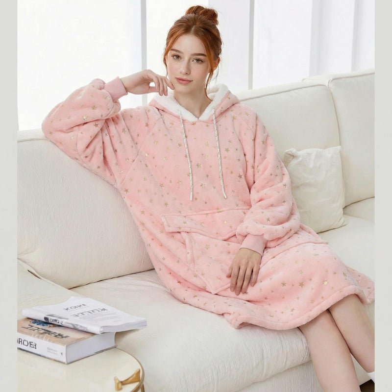 Qeils Wearable Blanket Hoodie for Women, Comfy Sherpa Sweatshirt Blanket as Birthday Christmas Gifts, Oversized Pullover Jacket Blanket Hoodie for Adult (Pink Foil Star, Adult) - Image 2